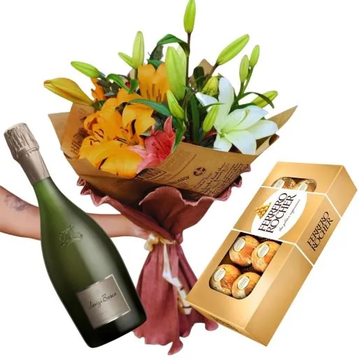 Ramo lilium lirios con chocolates y espumante